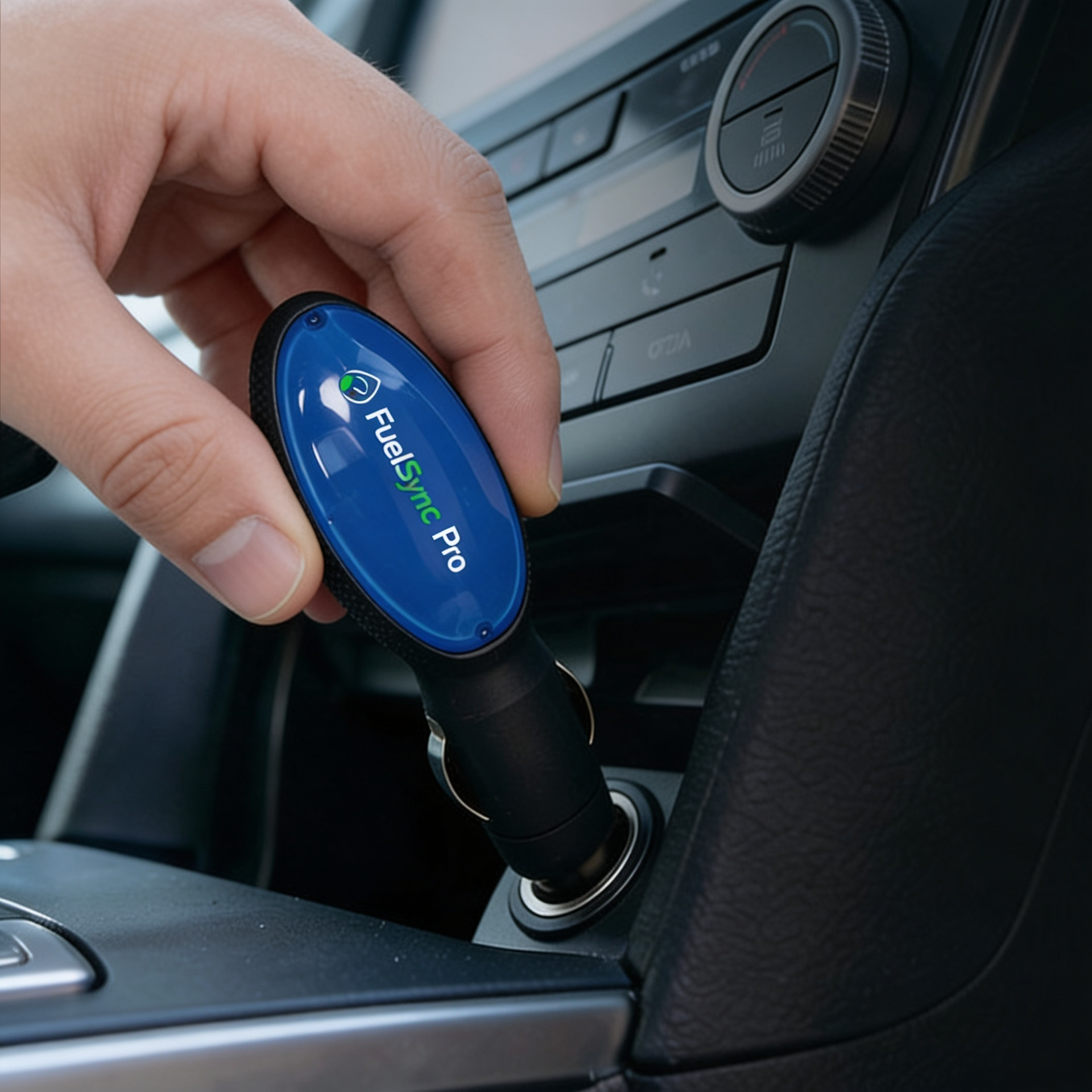 FuelSync Pro fuel optimizer device being plugged into a car cigarette lighter port
